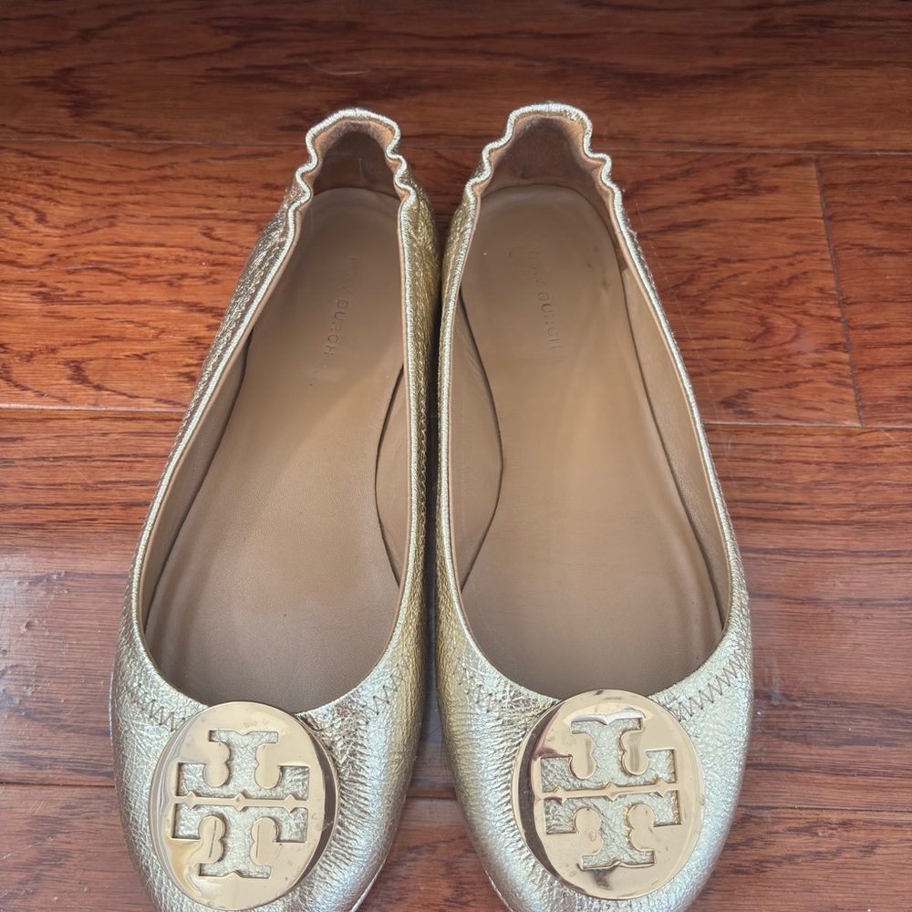 Tory Burch Metallic Gold Logo Elastic-Back Ballet Flats. Authentic!!!